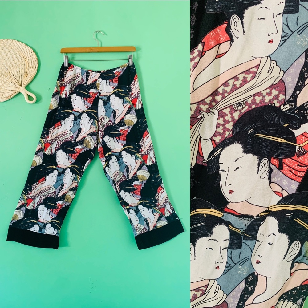 Loco Lindo Geisha Fan Novelty Print Rayon Pants